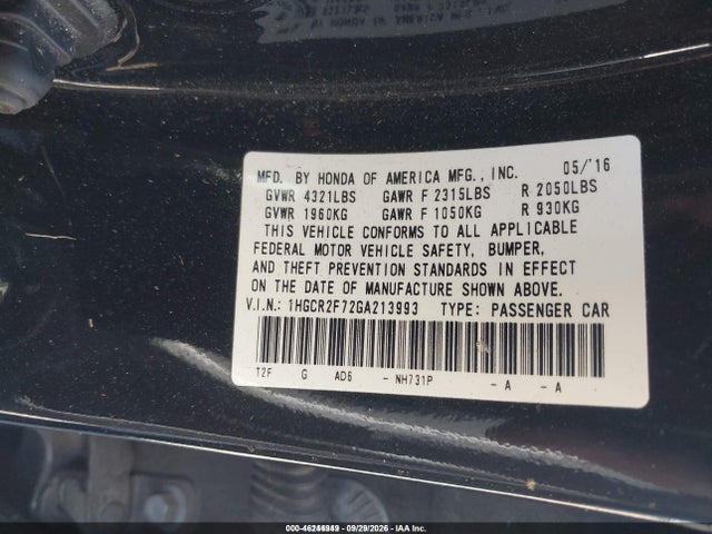 Aukcja sprzedaży 2016 Honda Accord Ex, vin: 1HGCR2F72GA213993, numer aukcji: 46246949
