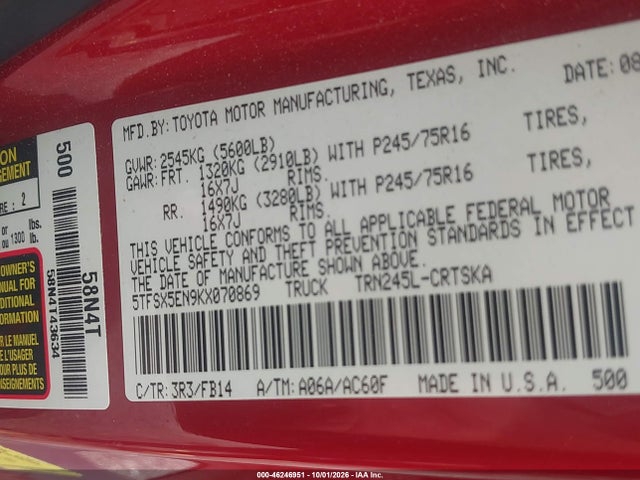 2019 Toyota Tacoma Sr მანქანა იყიდება აუქციონზე, vin: 5TFSX5EN9KX070869, აუქციონის ნომერი: 46246951