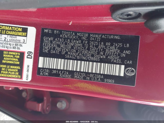 46246968 :رقم المزاد ، 58AGZ1B11NU128865 vin ، 2022 Lexus Es 350 F Sport مزاد بيع
