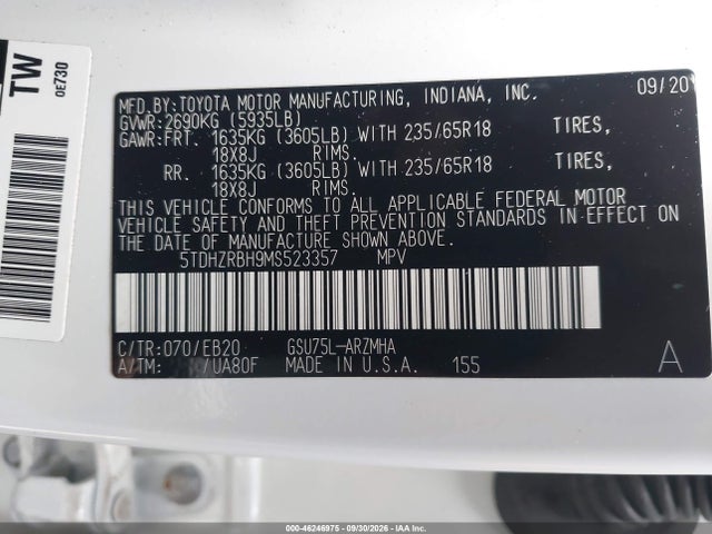 Продаж на аукціоні авто 2021 Toyota Highlander Xle, vin: 5TDHZRBH9MS523357, номер лоту: 46246975