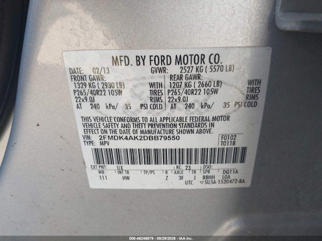 2013 Ford Edge Sport მანქანა იყიდება აუქციონზე, vin: 2FMDK4AK2DBB79550, აუქციონის ნომერი: 46246979