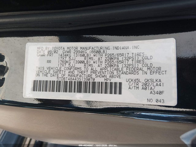Продаж на аукціоні авто 2003 Toyota Sequoia Limited V8, vin: 5TDBT48A43S139070, номер лоту: 46246987