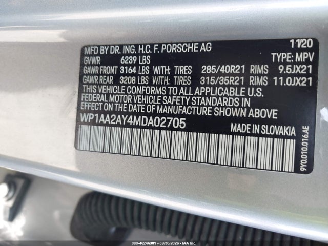 Продаж на аукціоні авто 2021 Porsche Cayenne, vin: WP1AA2AY4MDA02705, номер лоту: 46246989