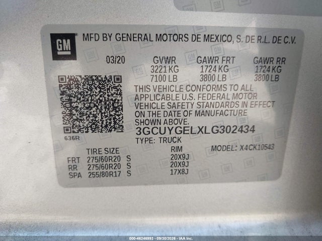 46246993 :رقم المزاد ، 3GCUYGELXLG302434 vin ، 2020 Chevrolet Silverado 1500 4wd  Short Bed Ltz مزاد بيع