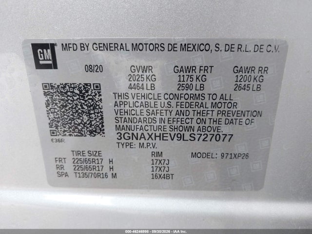 Aukcja sprzedaży 2020 Chevrolet Equinox Fwd Ls, vin: 3GNAXHEV9LS727077, numer aukcji: 46246998