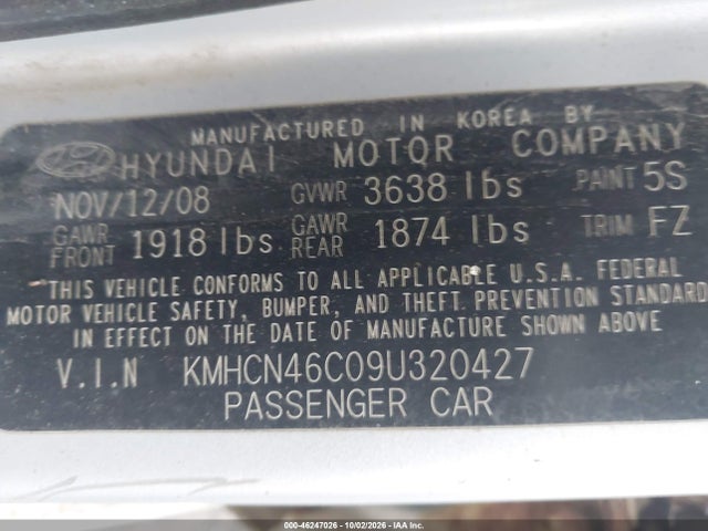 Продажа на аукционе авто 2009 Hyundai Accent Gls, vin: KMHCN46C09U320427, номер лота: 46247026