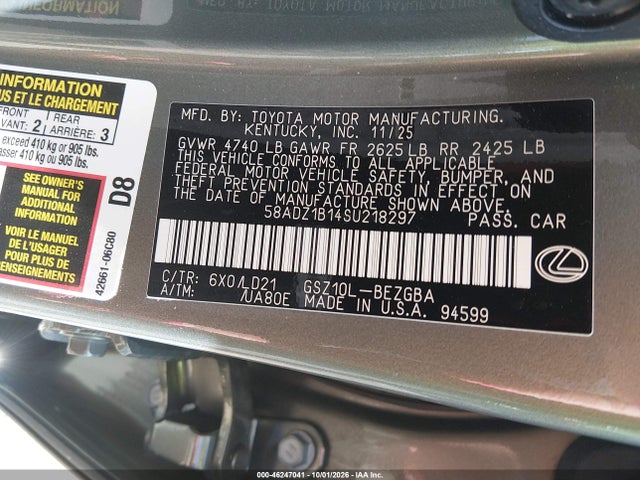 Aukcja sprzedaży 2025 Lexus Es 350, vin: 58ADZ1B14SU218297, numer aukcji: 46247041