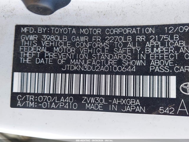 Продаж на аукціоні авто 2010 Toyota Prius Iv, vin: JTDKN3DU2A0100644, номер лоту: 46247042