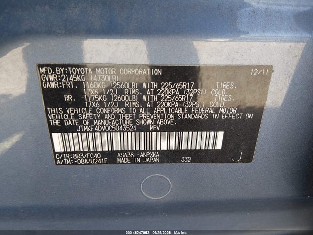 46247052 :رقم المزاد ، JTMKF4DV0C5043524 vin ، 2012 Toyota Rav4 مزاد بيع