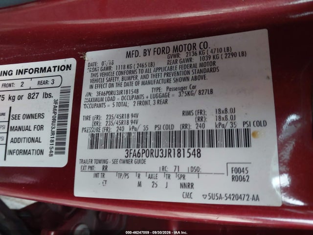 Продаж на аукціоні авто 2018 Ford Fusion Hybrid Titanium, vin: 3FA6P0RU3JR181548, номер лоту: 46247059