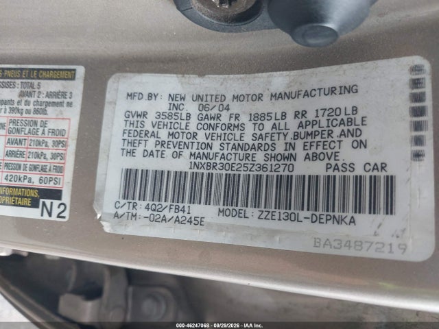 46247068 :رقم المزاد ، 1NXBR30E25Z361270 vin ، 2005 Toyota Corolla Le مزاد بيع