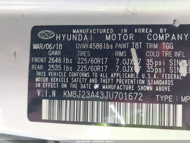 2018 Hyundai Tucson Se მანქანა იყიდება აუქციონზე, vin: KM8J23A43JU701672, აუქციონის ნომერი: 46247083