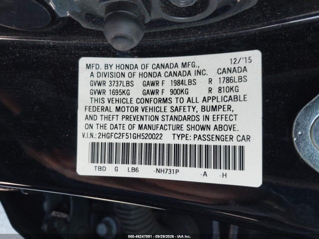 2016 Honda Civic Lx მანქანა იყიდება აუქციონზე, vin: 2HGFC2F51GH520022, აუქციონის ნომერი: 46247091