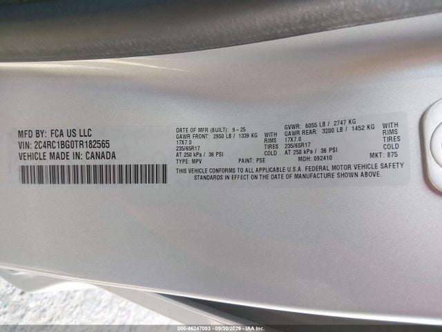 Aukcja sprzedaży 2026 Chrysler Pacifica Select, vin: 2C4RC1BG0TR182565, numer aukcji: 46247093