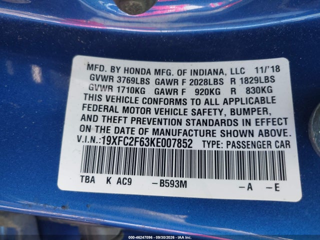 Продаж на аукціоні авто 2019 Honda Civic Lx, vin: 19XFC2F63KE007852, номер лоту: 46247096