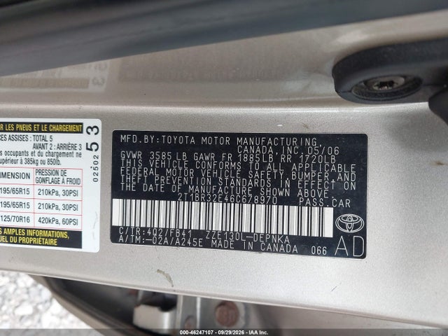 Продажа на аукционе авто 2006 Toyota Corolla Le, vin: 2T1BR32E46C678970, номер лота: 46247107