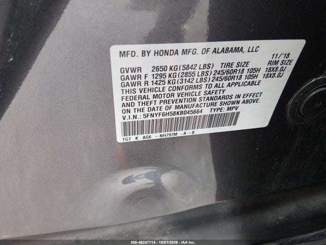 Aukcja sprzedaży 2019 Honda Pilot Ex-l, vin: 5FNYF6H58KB045664, numer aukcji: 46247114