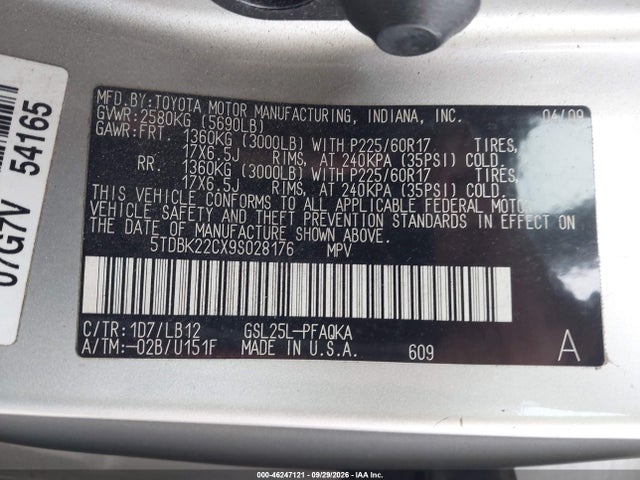 Продажа на аукционе авто 2009 Toyota Sienna Xle, vin: 5TDBK22CX9S028176, номер лота: 46247121
