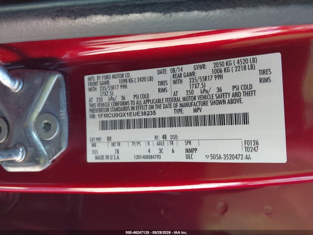 2014 Ford Escape Se მანქანა იყიდება აუქციონზე, vin: 1FMCU0GX1EUE38235, აუქციონის ნომერი: 46247128