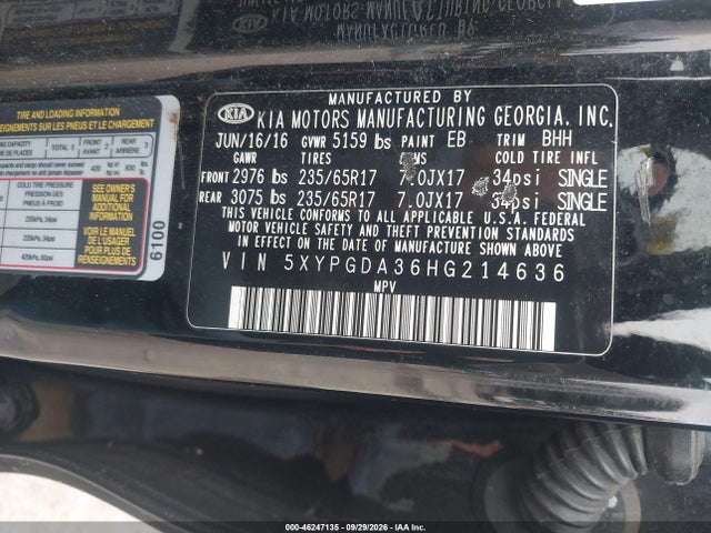 Aukcja sprzedaży 2017 Kia Sorento 2.4l Lx, vin: 5XYPGDA36HG214636, numer aukcji: 46247135