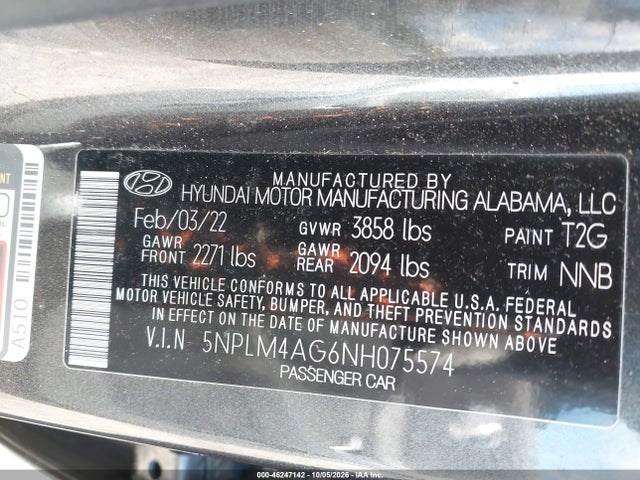 2022 Hyundai Elantra Sel მანქანა იყიდება აუქციონზე, vin: 5NPLM4AG6NH075574, აუქციონის ნომერი: 46247142