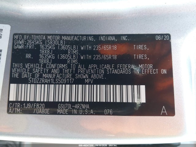 Продаж на аукціоні авто 2020 Toyota Highlander Le, vin: 5TDZZRAH1LS509117, номер лоту: 46247205