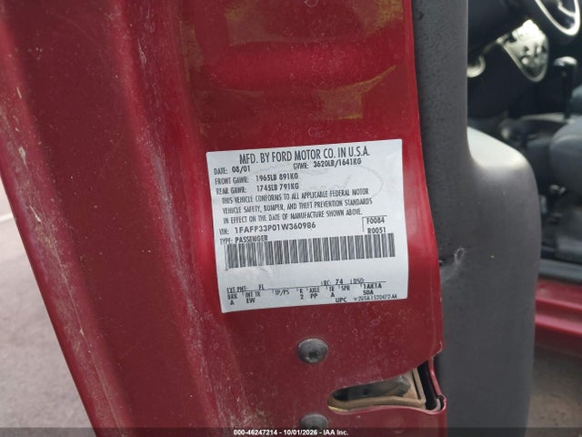 46247214 :رقم المزاد ، 1FAFP33P01W360986 vin ، 2001 Ford Focus Lx مزاد بيع