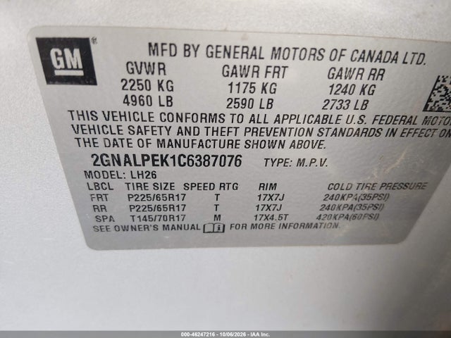 Aukcja sprzedaży 2012 Chevrolet Equinox 2lt, vin: 2GNALPEK1C6387076, numer aukcji: 46247216