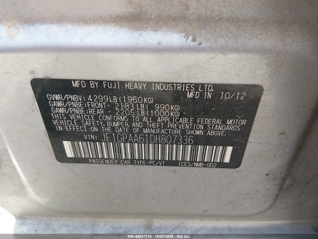Aukcja sprzedaży 2013 Subaru Impreza 2.0i, vin: JF1GPAA61DH807336, numer aukcji: 46247218