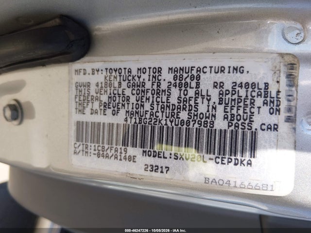 Auction sale of the 2000 Toyota Camry Ce, vin: 4T1BG22K1YU007988, lot number: 46247226