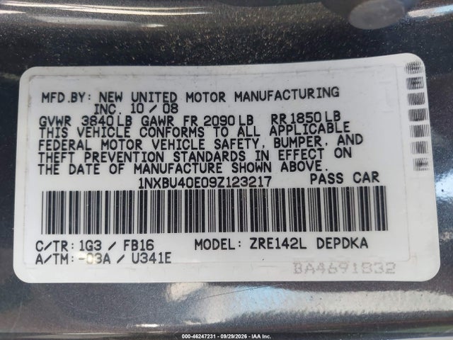 46247231 :رقم المزاد ، 1NXBU40E09Z123217 vin ، 2009 Toyota Corolla Le مزاد بيع