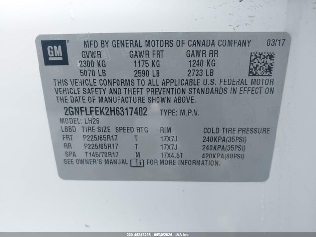 46247238 :رقم المزاد ، 2GNFLFEK2H6317402 vin ، 2017 Chevrolet Equinox Lt مزاد بيع