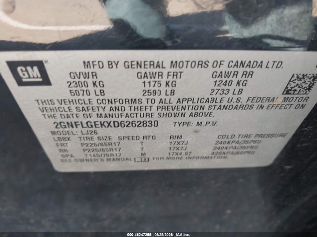 2013 Chevrolet Equinox Ltz მანქანა იყიდება აუქციონზე, vin: 2GNFLGEKXD6262830, აუქციონის ნომერი: 46247255