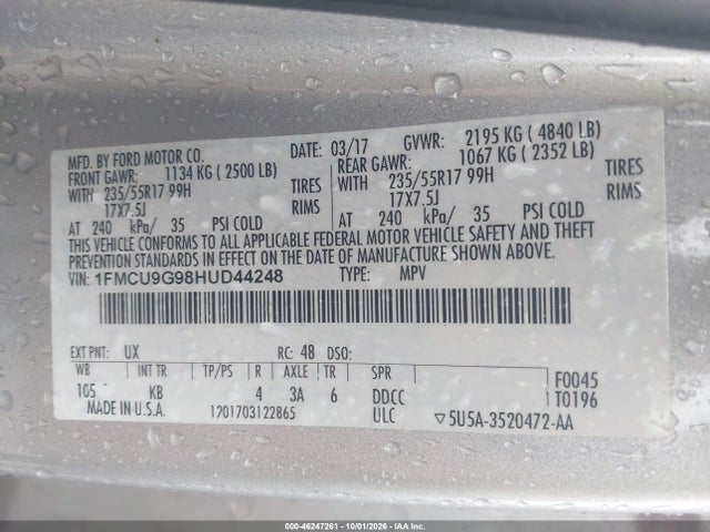 2017 Ford Escape Se მანქანა იყიდება აუქციონზე, vin: 1FMCU9G98HUD44248, აუქციონის ნომერი: 46247261