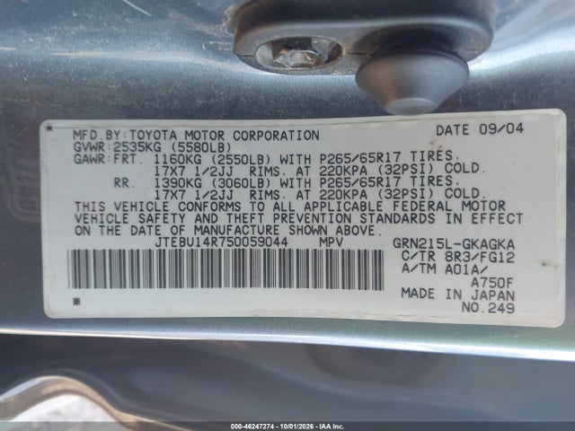 Продажа на аукционе авто 2005 Toyota 4runner Sr5 V6, vin: JTEBU14R750059044, номер лота: 46247274