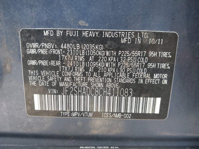 46247288 :رقم المزاد ، JF2SHADC8CH411083 vin ، 2012 Subaru Forester 2.5x Premium مزاد بيع