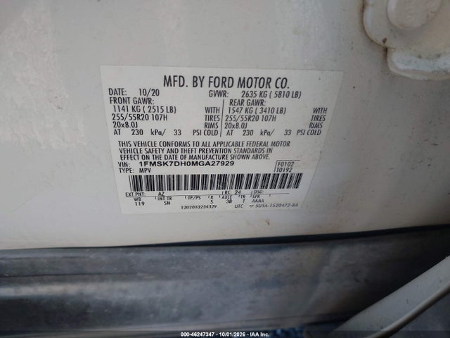 46247347 :رقم المزاد ، 1FMSK7DH0MGA27929 vin ، 2021 Ford Explorer Xlt مزاد بيع