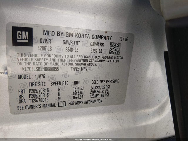46247350 :رقم المزاد ، KL7CJLSB2HB086855 vin ، 2017 Chevrolet Trax Lt مزاد بيع