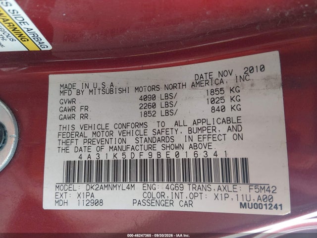 Aukcja sprzedaży 2011 Mitsubishi Eclipse Gs/gs Sport, vin: 4A31K5DF9BE016341, numer aukcji: 46247365