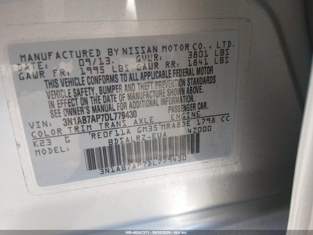 46247371 :رقم المزاد ، 3N1AB7AP7DL779430 vin ، 2013 Nissan Sentra Sr مزاد بيع