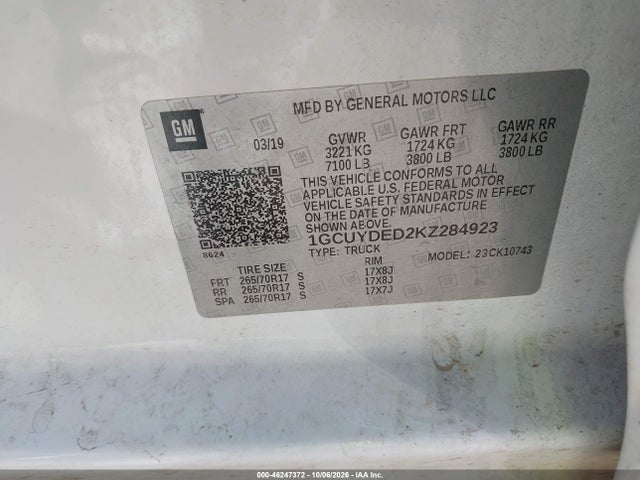 Aukcja sprzedaży 2019 Chevrolet Silverado 1500 Lt, vin: 1GCUYDED2KZ284923, numer aukcji: 46247372
