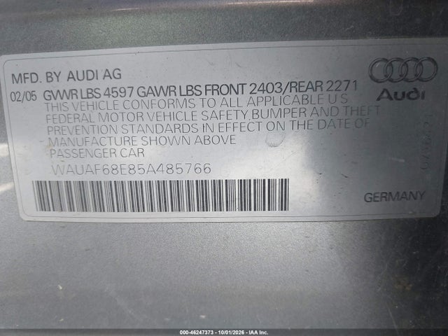 2005 Audi A4 2.0t მანქანა იყიდება აუქციონზე, vin: WAUAF68E85A485766, აუქციონის ნომერი: 46247373