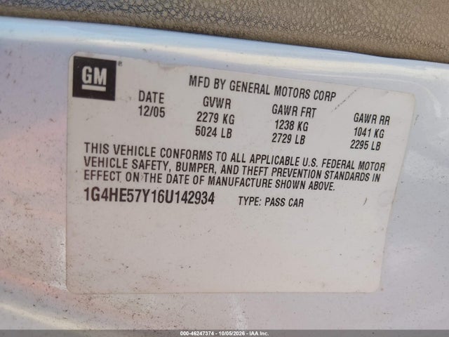 46247374 :رقم المزاد ، 1G4HE57Y16U142934 vin ، 2006 Buick Lucerne Cxs مزاد بيع