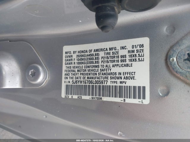 Auction sale of the 2006 Honda Element Ex-p, vin: 5J6YH18706L005977, lot number: 46247379