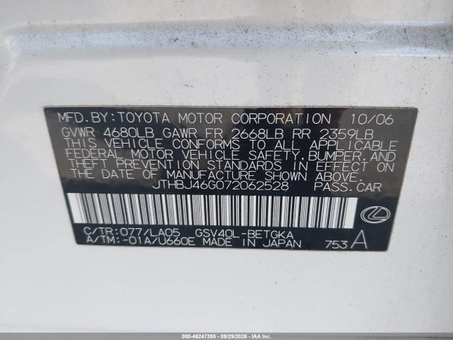 46247395 :رقم المزاد ، JTHBJ46G072062528 vin ، 2007 Lexus Es 350 مزاد بيع