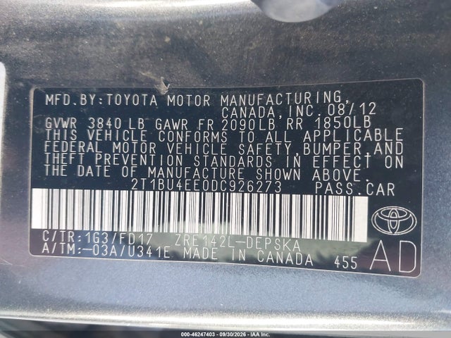 2013 Toyota Corolla S მანქანა იყიდება აუქციონზე, vin: 2T1BU4EE0DC926273, აუქციონის ნომერი: 46247403