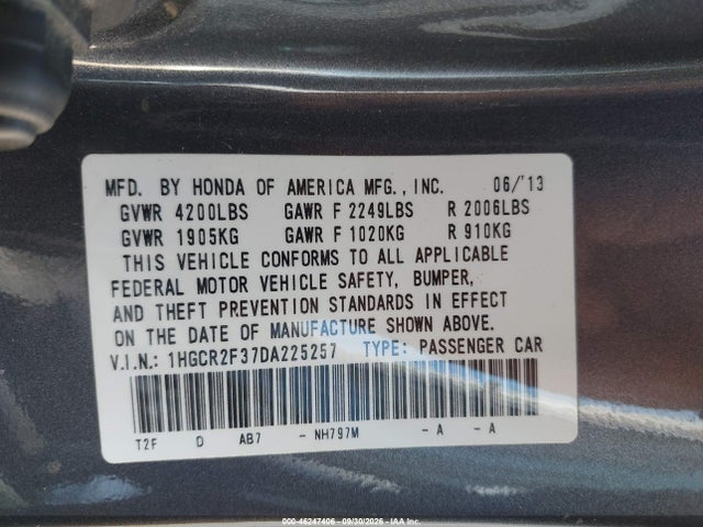 46247406 :رقم المزاد ، 1HGCR2F37DA225257 vin ، 2013 Honda Accord Lx مزاد بيع