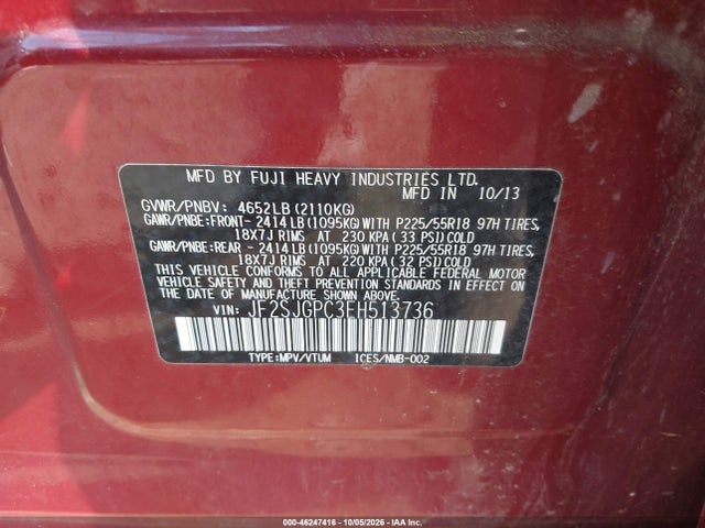 46247416 :رقم المزاد ، JF2SJGPC3EH513736 vin ، 2014 Subaru Forester 2.0xt Touring مزاد بيع