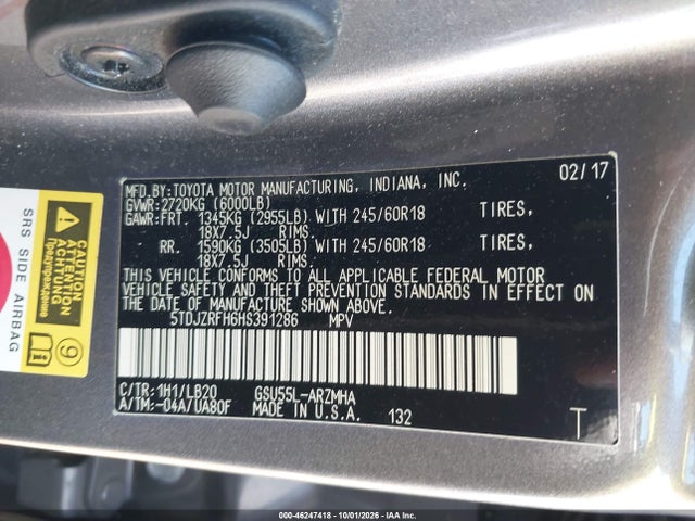 Aukcja sprzedaży 2017 Toyota Highlander Xle, vin: 5TDJZRFH6HS391286, numer aukcji: 46247418