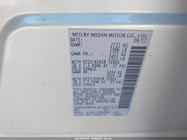 46247436 :رقم المزاد ، 5N1DR2MN0JC610517 vin ، 2018 Nissan Pathfinder Sl مزاد بيع